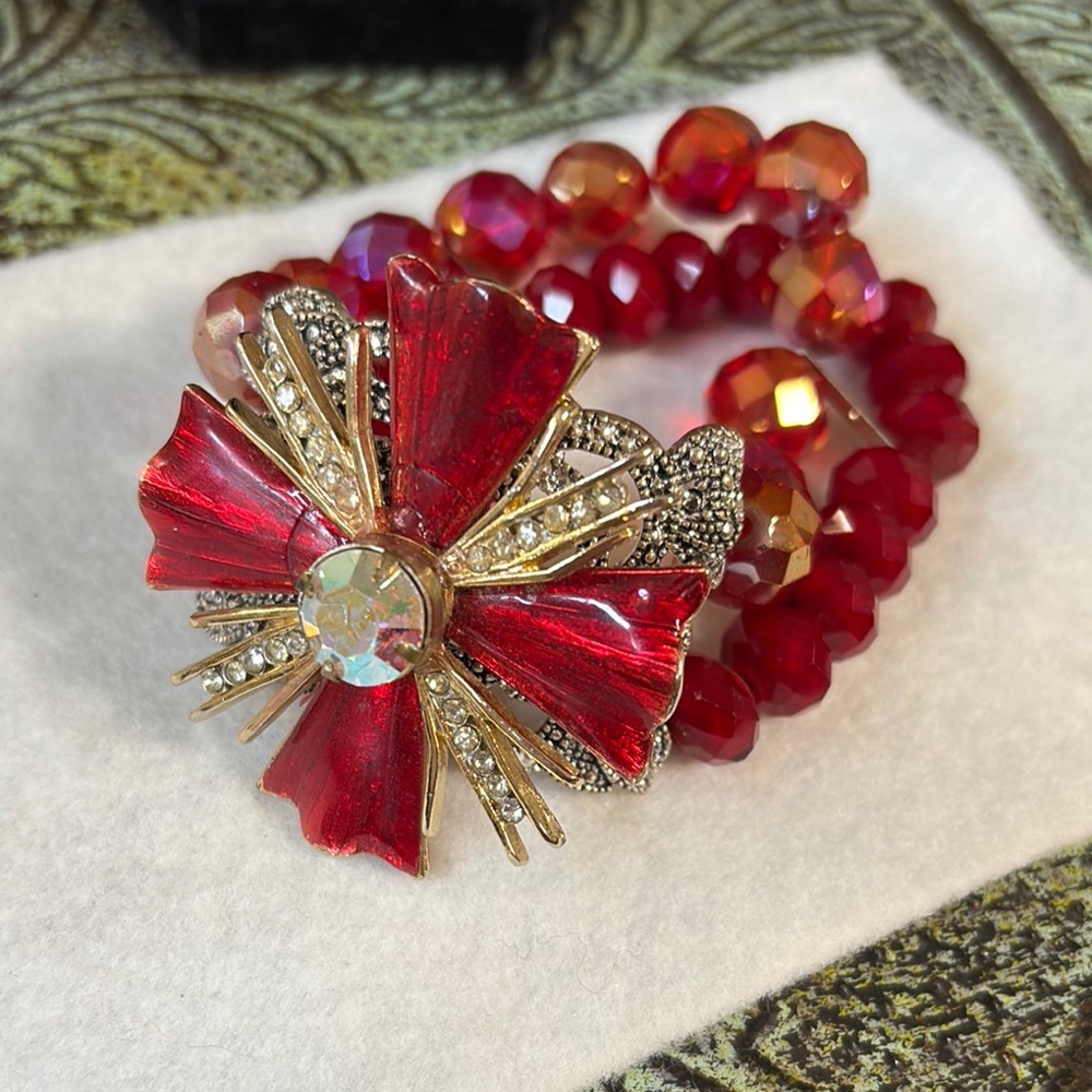 Boutique made stretch Red & Gold Beads & Rhinestones Bracelet w/ Cross Accent